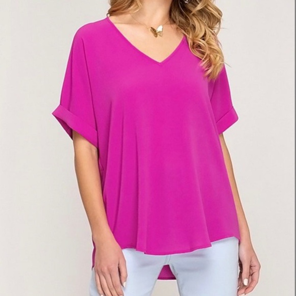 She + Sky hot pink drop shoulder blouse Medium